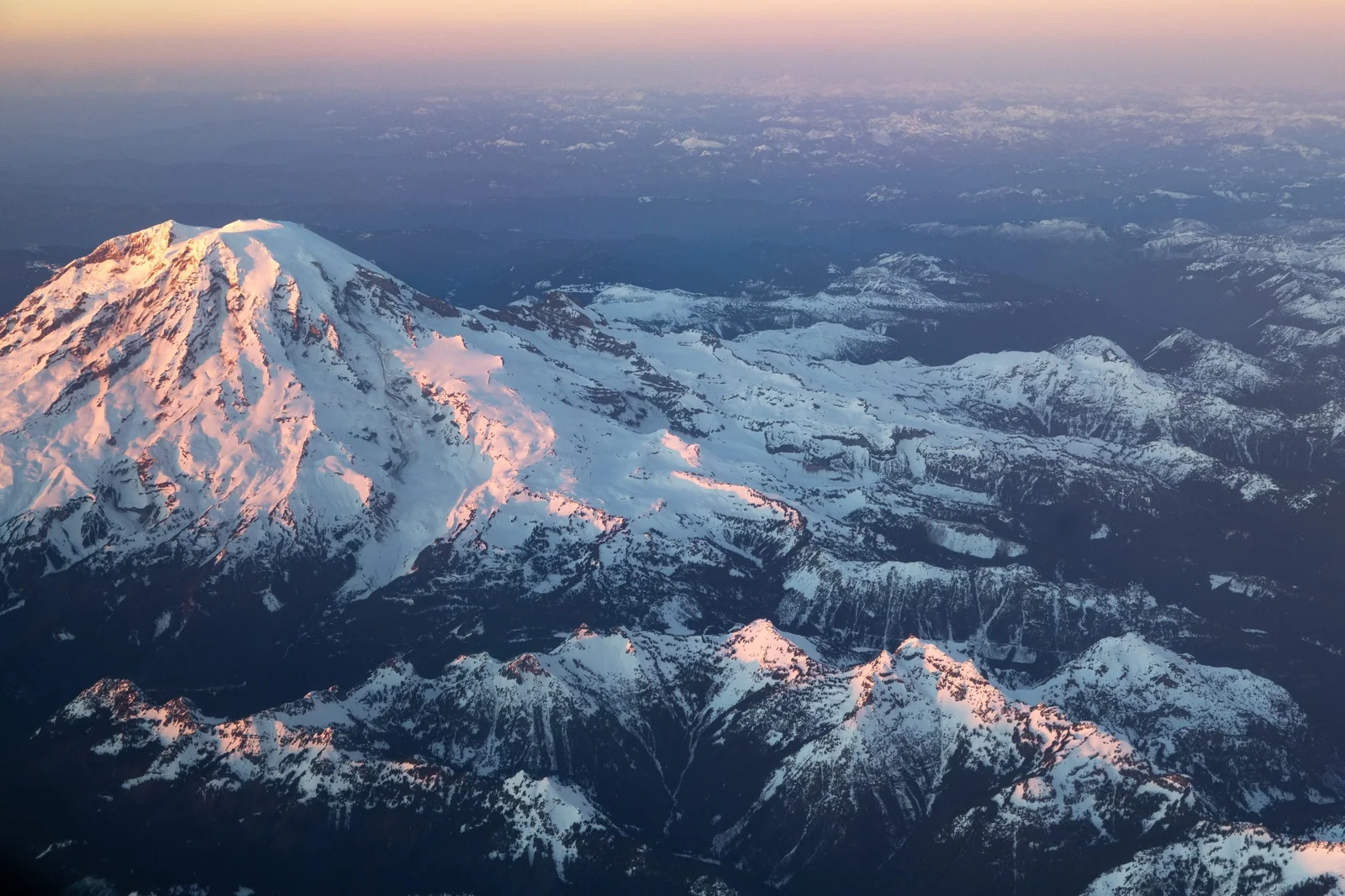 Aerial view of Mount Rainier and the Cascade landscape